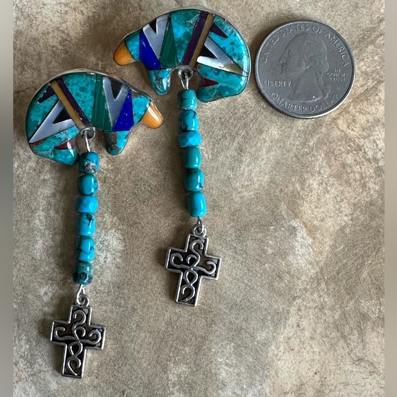 Gorgeous bear inlay sterling silver Native American turquoise sugilite earrings - Picture 8 of 12